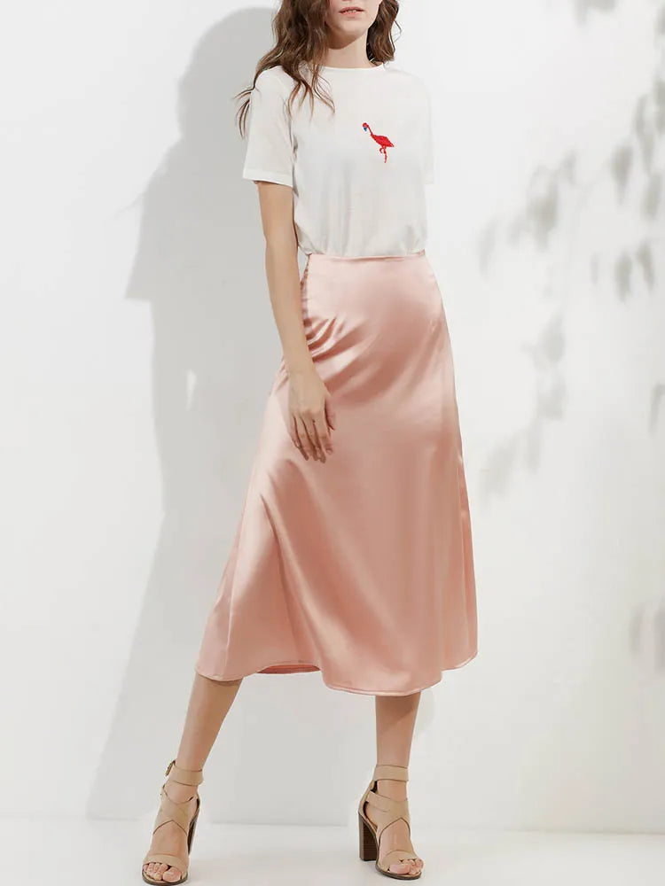 Elegant Women's Skirts Korean Fashion Satin Silk A-line Skirt Office Black Champagne Long Summer Skirts Woman Fashion voguable