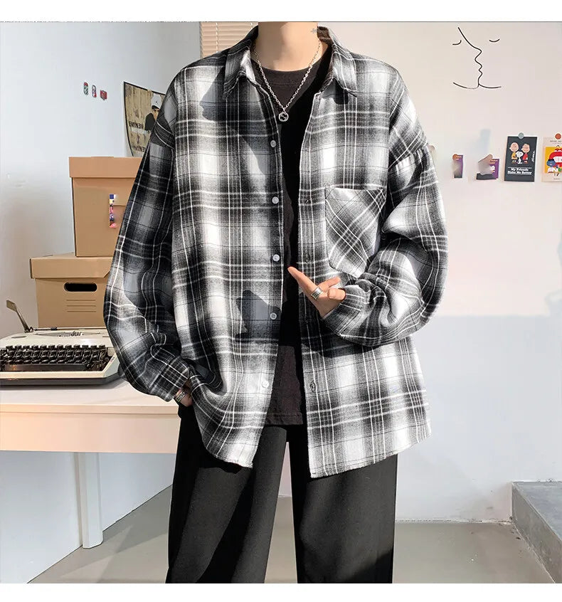 Harajuku Long Sleeve Plaid Shirts Men Big Size M-5XL Autumn Chic Loose Vintage High Street All-match Gentleman Camisa voguable