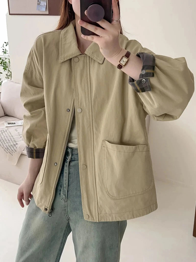 Fall Women Cargo Jacket Loose Preppy Style Long Sleeve Vintage Coat Casual Big Pockets American Retro Solid Bf Outwear Tops voguable