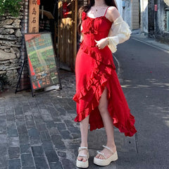 Voguable Summer Temperament Casua Strap Dress Women Summer New Simple Fairy Party Mini Dress Female French Split Holiday Designer  Dress voguable