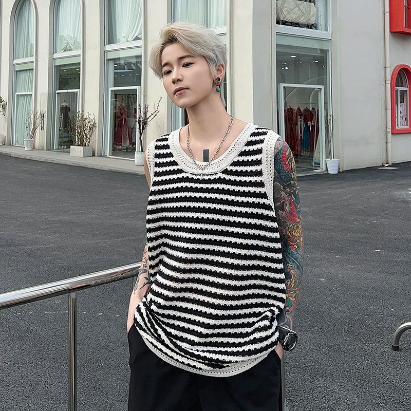 Voguable Summer New Stripe Pattern Design Original Trendy Sleeveless Vests Men Street Tank Tops Korean Reviews Many Clothes voguable