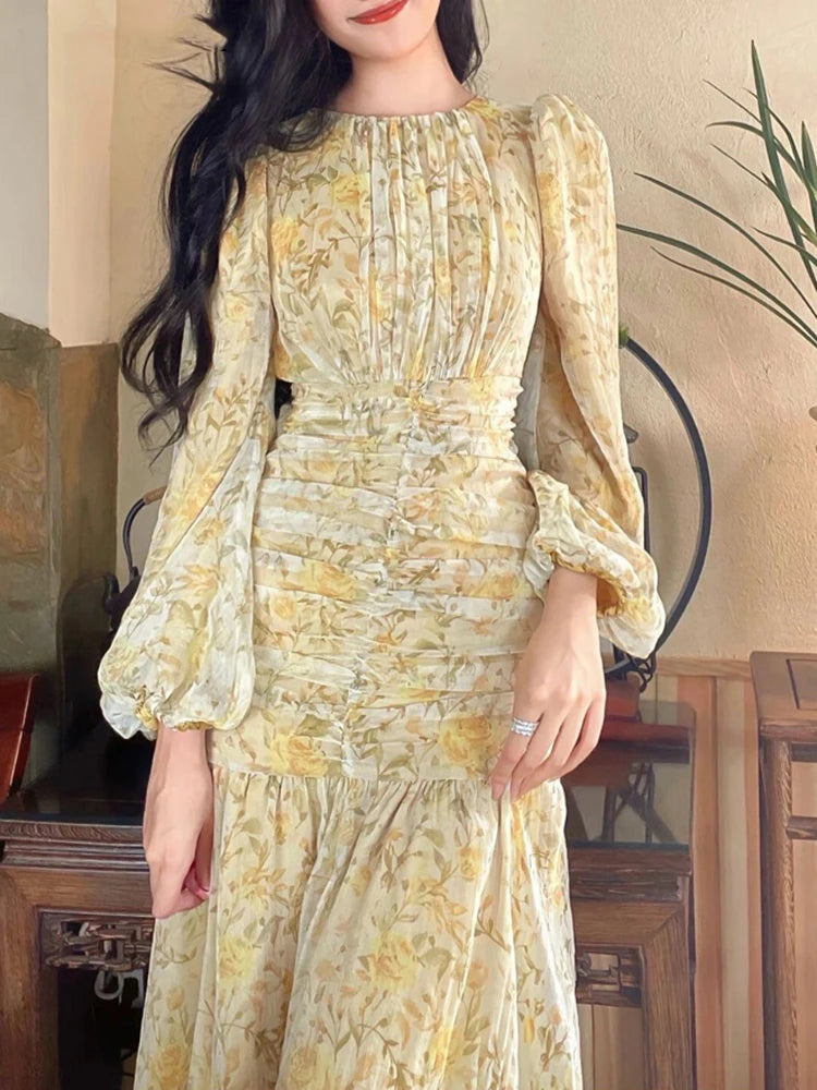 Voguable  Elegant Printed Dress for Women O Neck Long Puff Sleeve High Waisted Midi Dresses Fashion Casual Chic Chiffon Dress voguable