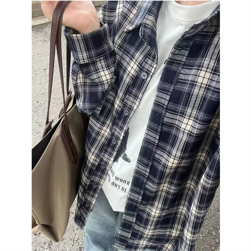 Vintage Plaid Shirt Women Loose Casual Medium Length Preppy Style Shirts Fashion Single Breasted Lapel Pocket Oversize Shirts voguable