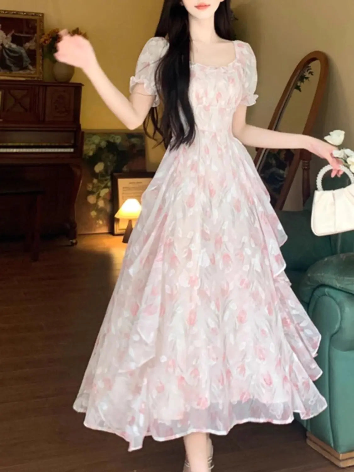 Voguable  Summer French Style Floral Printed Dress Slim Casual Long Chiffon Dress Short Sleeve Women Vacation Fairy Dress voguable
