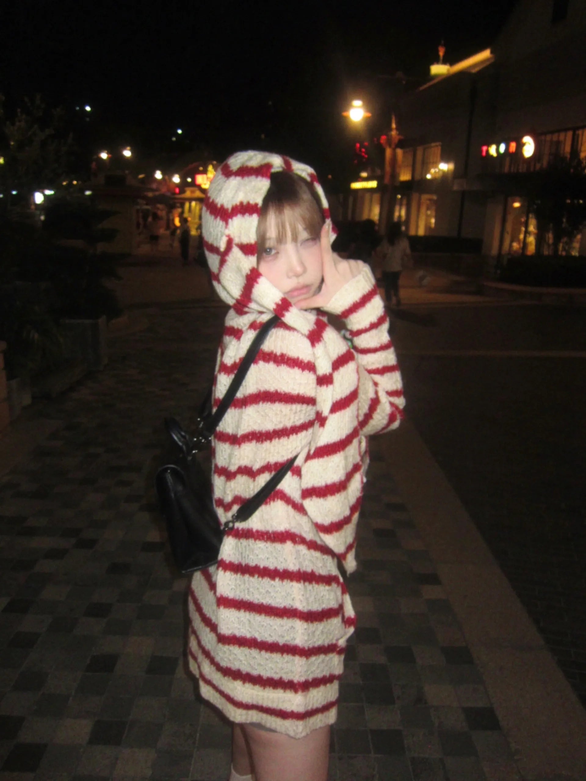 Japanese Y2k Hooded Cardigan 2000s Aesthetics Rabbit Ears Zipper Knitwear Vintage Harajuku Red Stripe Sweater Grunge voguable
