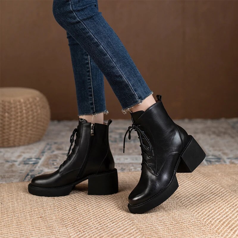 Retro Lace-up Mature Female Concise Women Ankle Boots Genuine Leather Thick Heels Autumn Winter Side Zipper Office Shoes Woman voguable