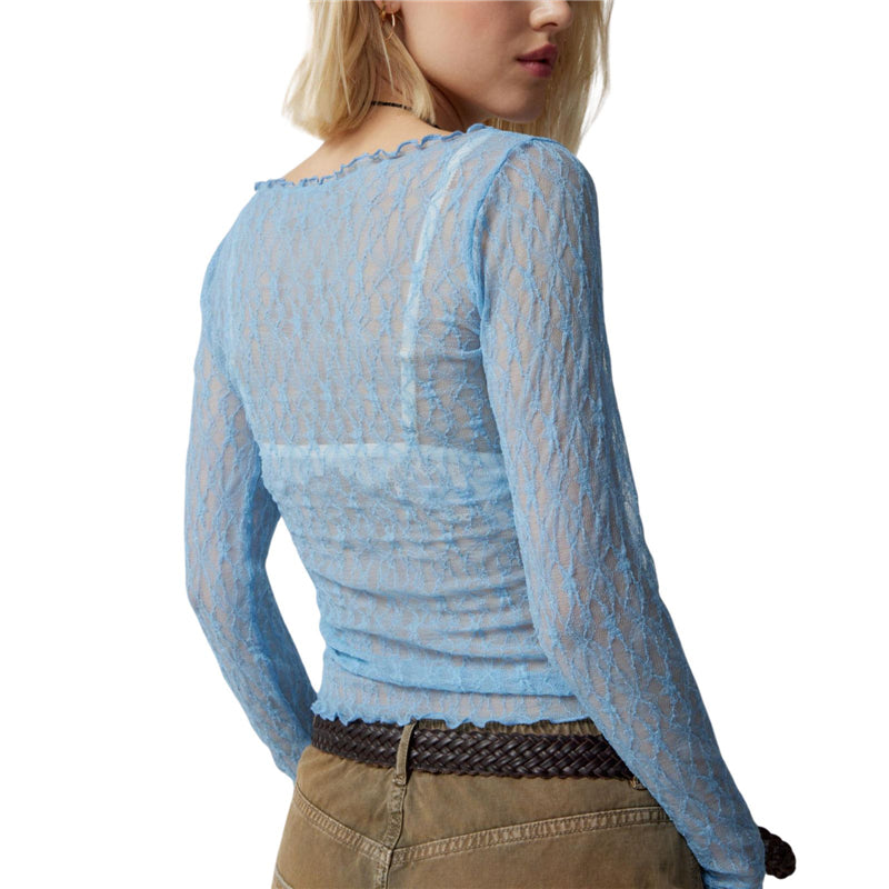 Lace Tops for Women y2k Clothes Sheer See Through Round Neck Long Sleeve Ruched T Shirt 2000s Clothing Party Clubwear voguable