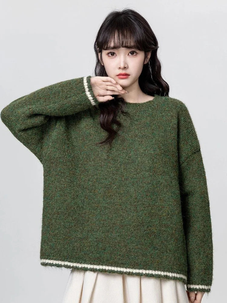 Cute Retro Green Sweaters Women Preppy Style Loose O Neck Long Sleeve Knitted Jumper Japan Vintage Sweet Female Simple Pullovers voguable
