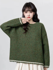 Cute Retro Green Sweaters Women Preppy Style Loose O Neck Long Sleeve Knitted Jumper Japan Vintage Sweet Female Simple Pullovers voguable