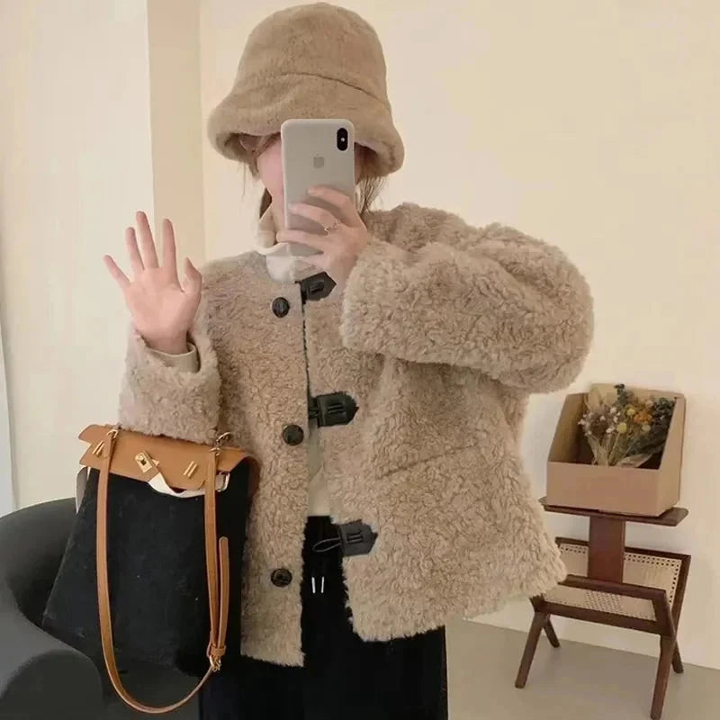 Korean Winter Faux Lamb Coat Women Slim Long Sleeve Warm Sweet Jacket Preppy Style Casual O Neck Female Cute Solid Tops New voguable