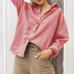 Voguable  Fashion Solid Color Loose Fit Simple Versatile Casual Women's Shirt Turn-dowen Collar Button Lightweight Long Sleeved Shirt New voguable