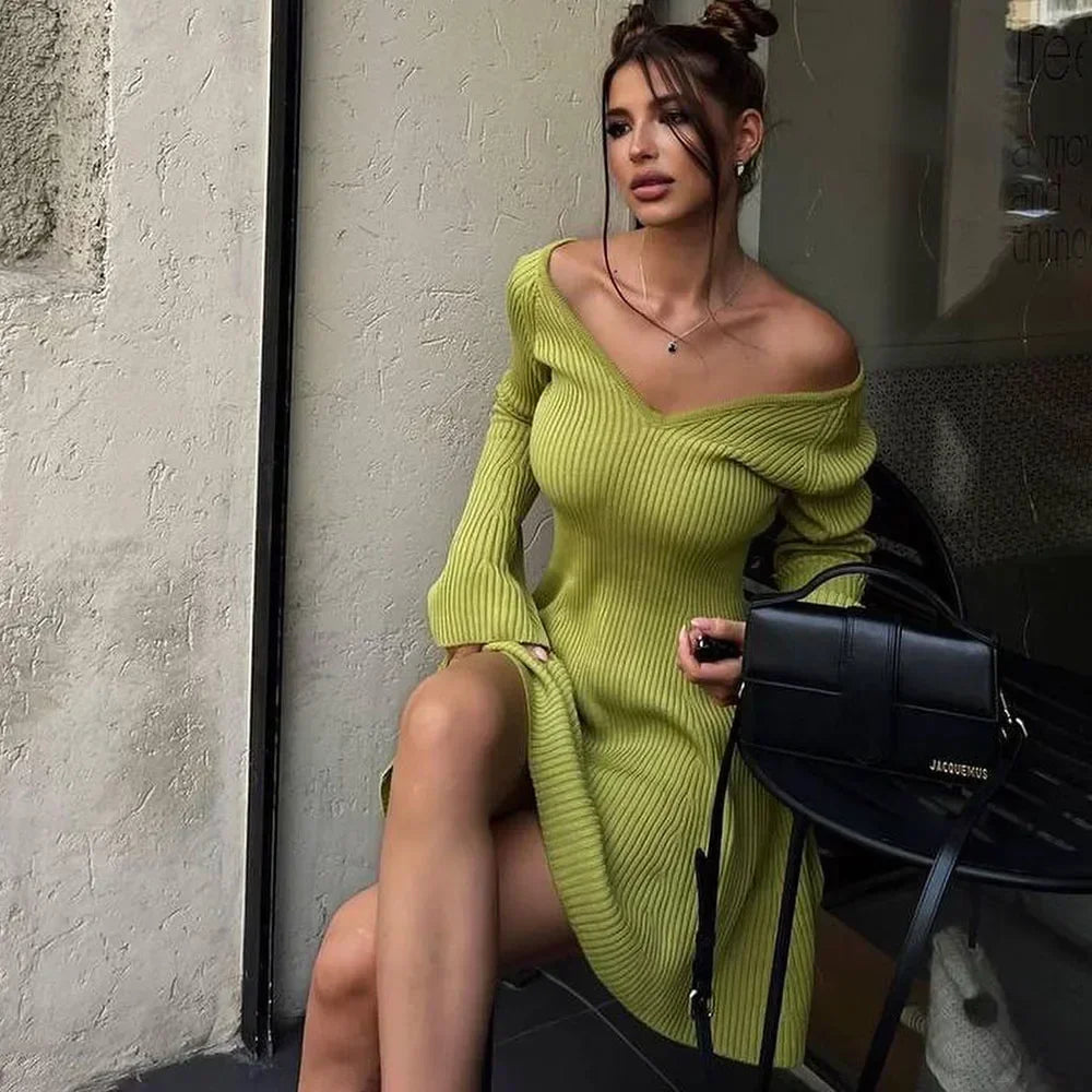 Knitted Off Shoulder V Neck Mini Dress Women's Sexy High Waist Long Sleeve Dress White Knitted Sweater Dress Robe Women