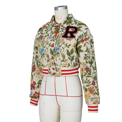 Voguable  Retro Floral Jacquard Varsity Sexy Cropped Jackets Women Autumnn Winter Fashion Long Sleeve Striped Baseball Coats Female voguable