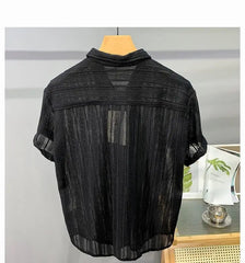 Voguable  Hollow Short-sleeved Shirt Men's Summer Thin Trendy Handsome French Light Luxury Drape Hawaiian Shirt Men's Top voguable