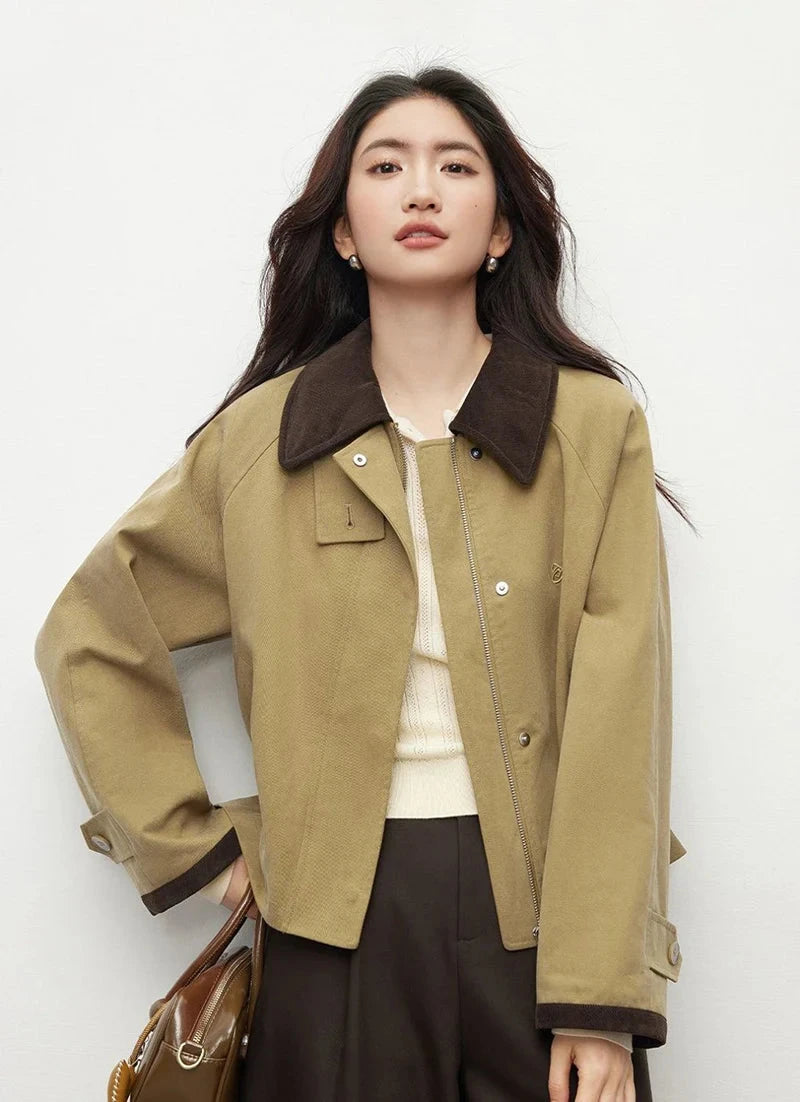 Vintage Casual Khaki Jacket Women Long Sleeve Patchwork High Quality Coat Korean All Match Women Fall Winter Embroidery Top voguable