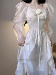 Voguable  Elegant White Dress Women Fairy Dresses Summer Chiffon Vintage Female Sundress Ruffles Holiday Style Fashion Robe voguable
