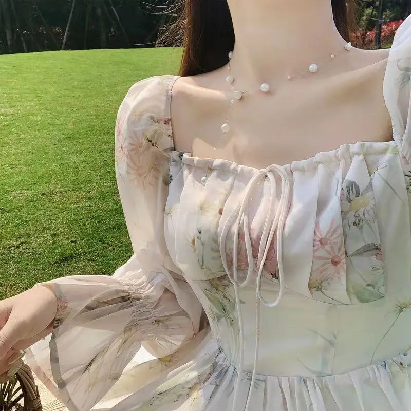 Voguable  Summer Elegant Floral Fairy Dress Woman Beach Style Party Long Sleeve Midi Dress Fashion French Style Chiffon Dress voguable