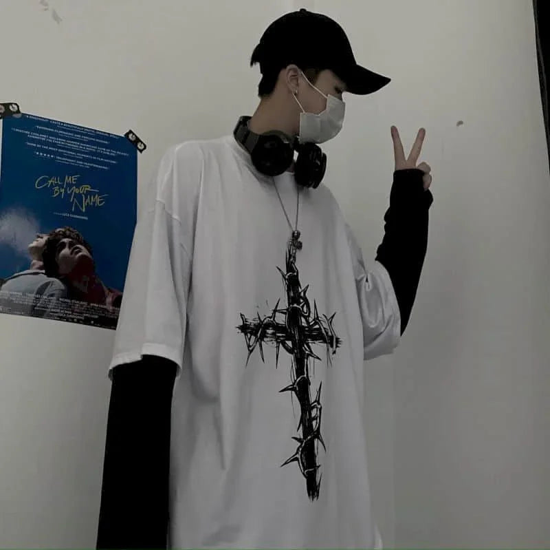 T-shirt Cross of Thorns fake two-piece for men women long-sleeved dark hip-hop loose large size autumn new trend top Simplicity voguable