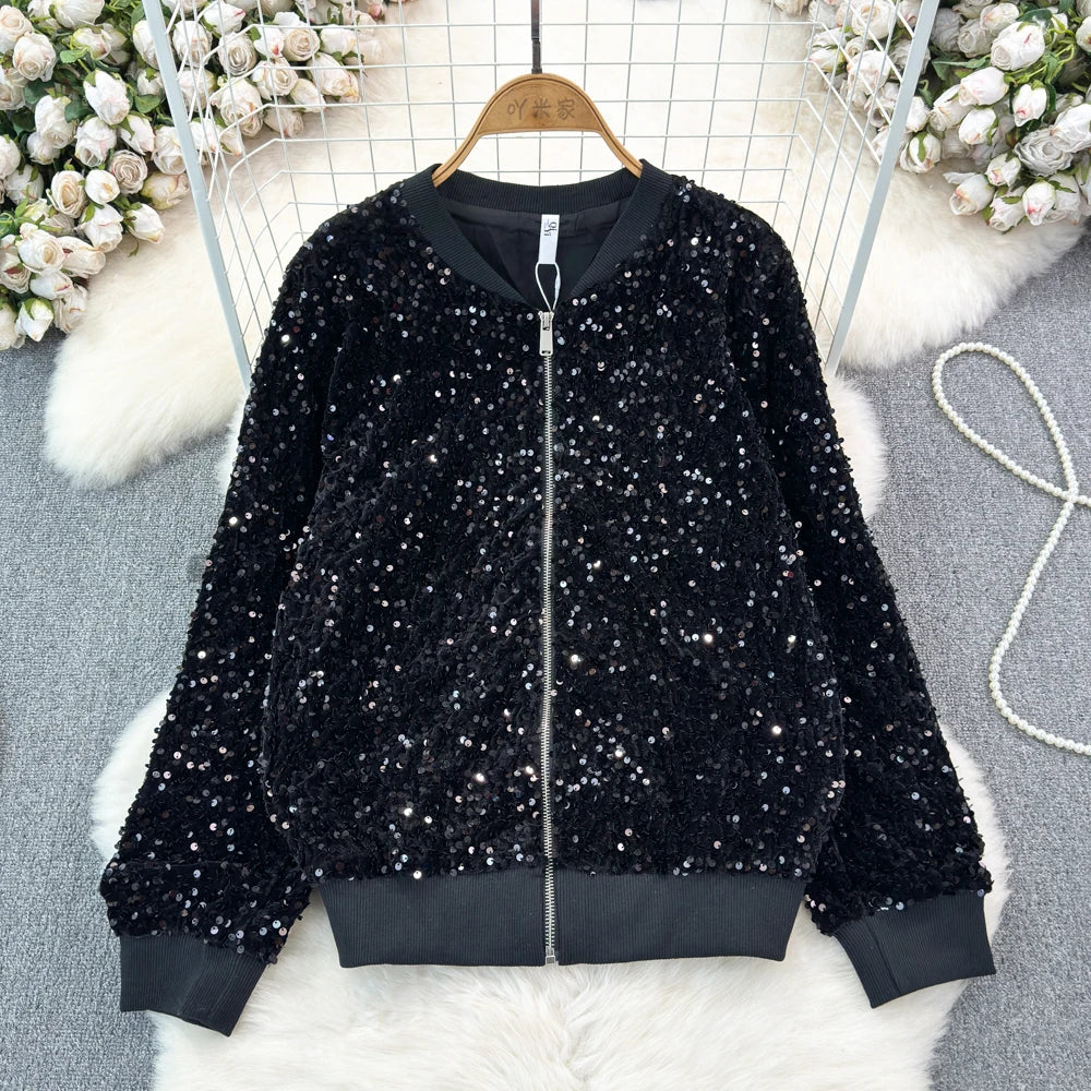 Voguable  Spring Autumn Loose Jacket Long Sleeved Casual Fashion Baseball Sequin Women Coats voguable