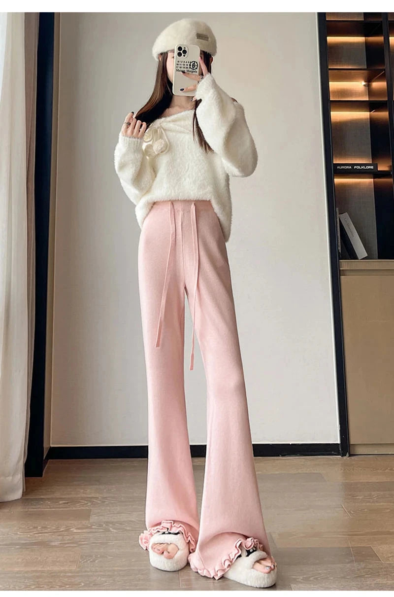 Ruffles Knitted Flare Pant Women High Waist Fashion Loose Fall Winter Trousers Korean Chic Elegant Lady Sweet Solid Pants voguable
