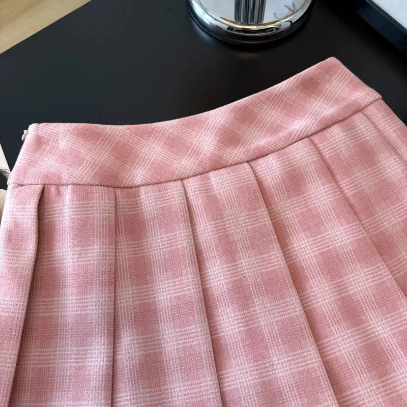 Sexy Sweet Plaid Skirt Women High Waist Faux Woolen Fashion Korean Mini Skirts Fall Winter Preppy Style Slim A Line Skirt voguable