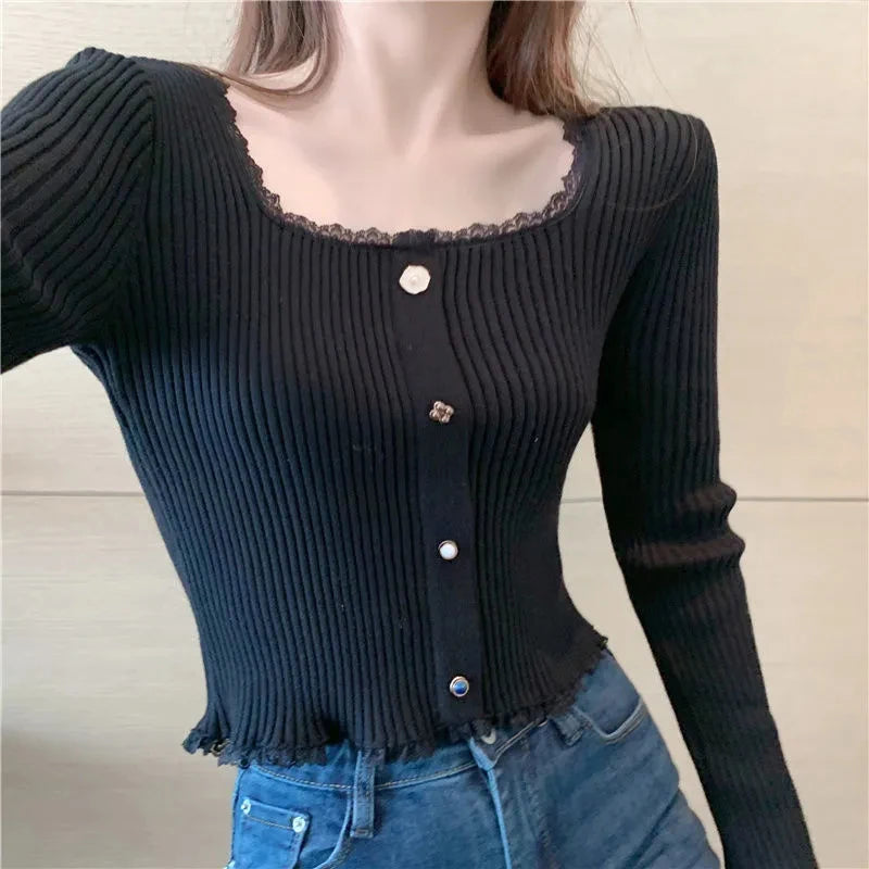 Square Neck Sweater for Women Autumn Lace Patchwork Long Sleeve Knit Base Pullover Korean Chic Button Decoration Slim Crop Tops voguable