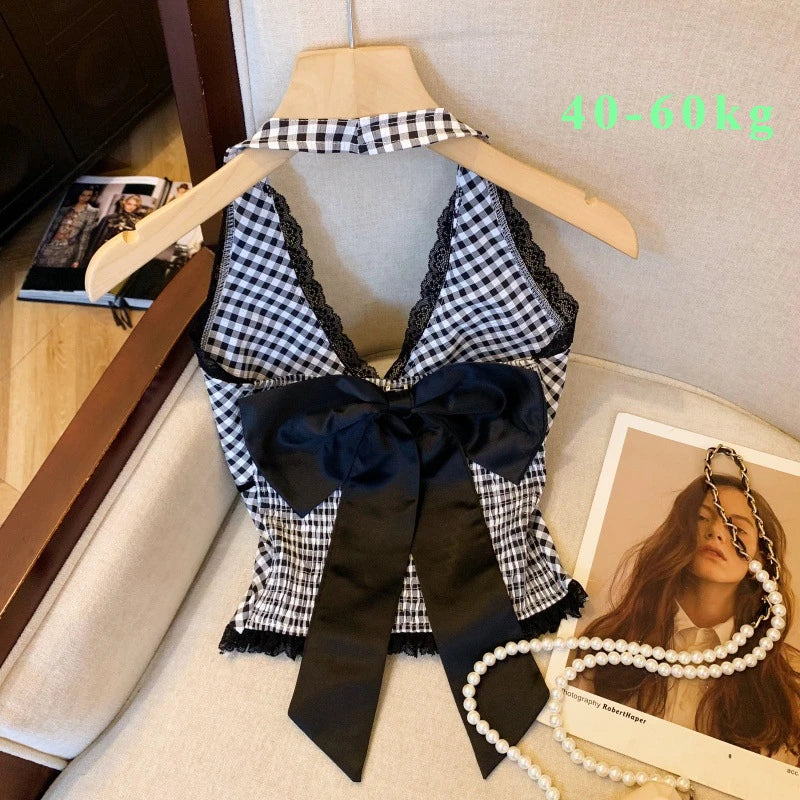 French Sweet Spicy Camis Hanging Neck Camisole Lace Patchwork Plaid Print Short Top Sexy Deep V-neck Bandage Halter Crop Tops voguable