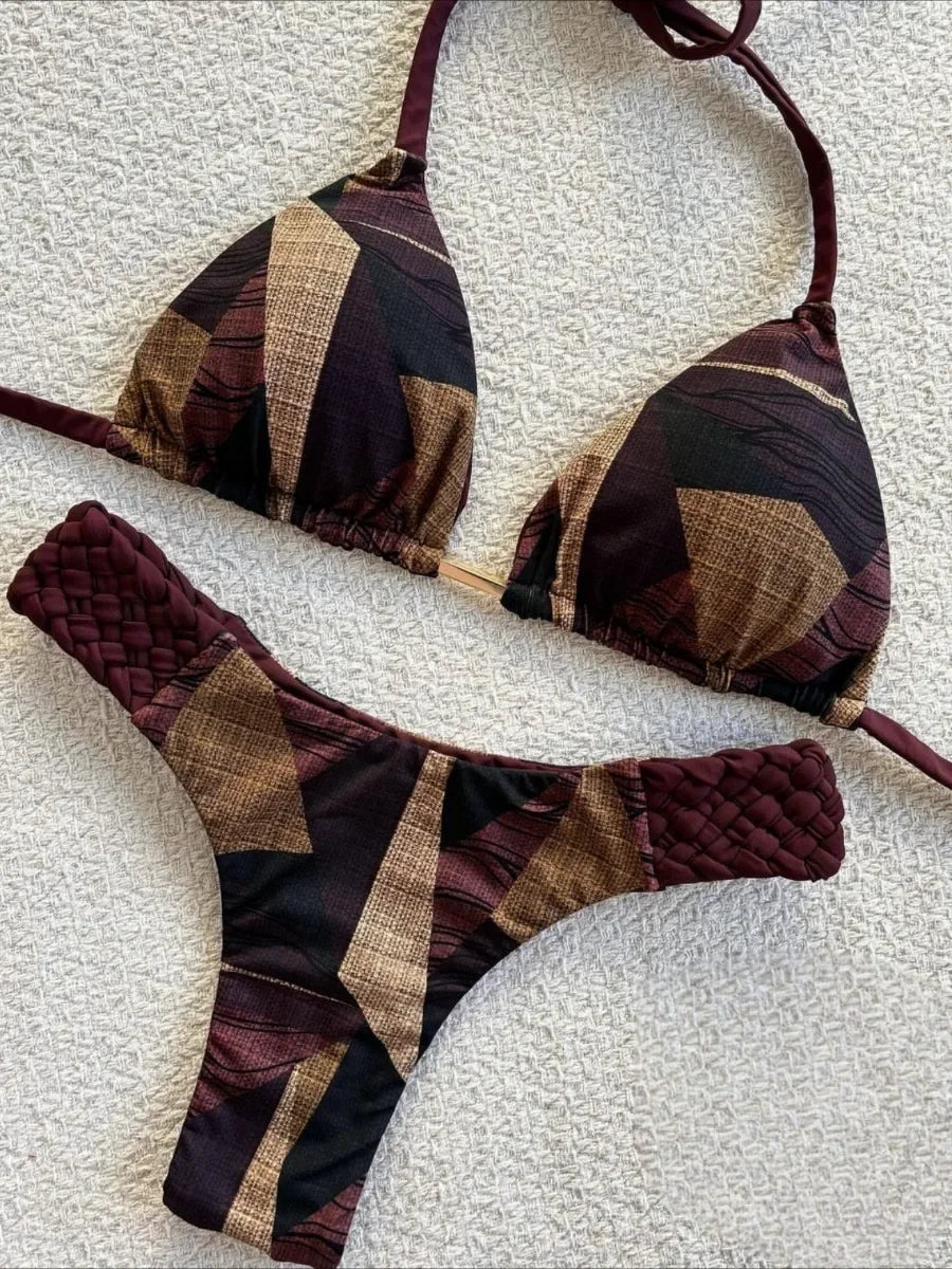 Voguable  New Weaving Bikini Set Women's print 2 Piece Swimsuit women sexy suspender Backless Beach Vacation Bathing Suit swimwear voguable