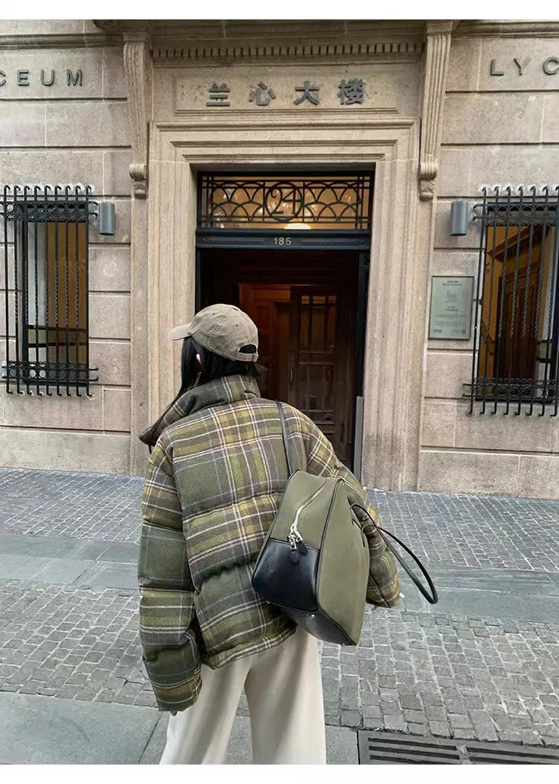 Retro Streetwear Y2K Plaid Parkas Women Winter Warm Thick Hip Hop Cotton Coat American Harajuku Stand Collar Bf Vintage Jacket voguable