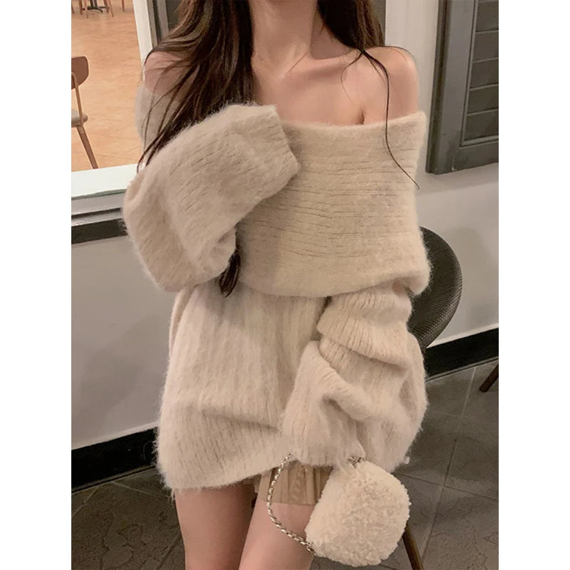 Autumn Design Sexy White Knitted Sweater Women Long Sleeve Pure Color Korean Fashion Y2k Clothing Elegant Pullover Female voguable