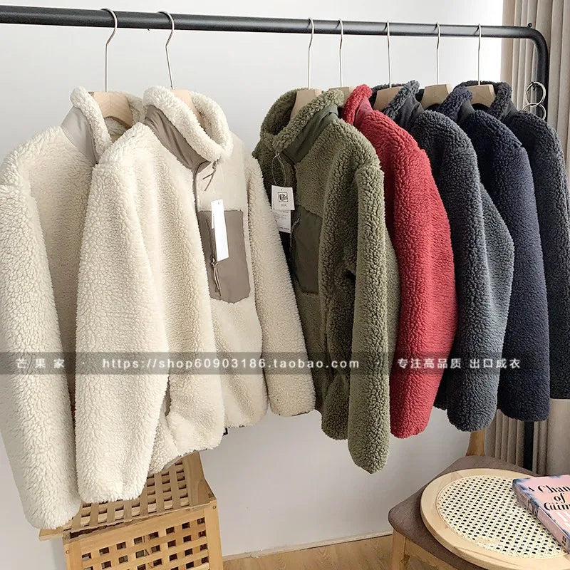 Autumn Winter Lambswool Coat Male Loose Windproof Warm Sherpa Stand Collar Polar Fleece Jacket Unisex Simple  Pocket Spliced Top voguable