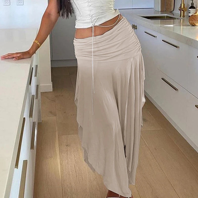 Folds Split Long Skirt Low Rise Loose A-line Midi Skirts For Women Casual y2k Fashion Ladies Holiday Outfits Harajuku 90s voguable