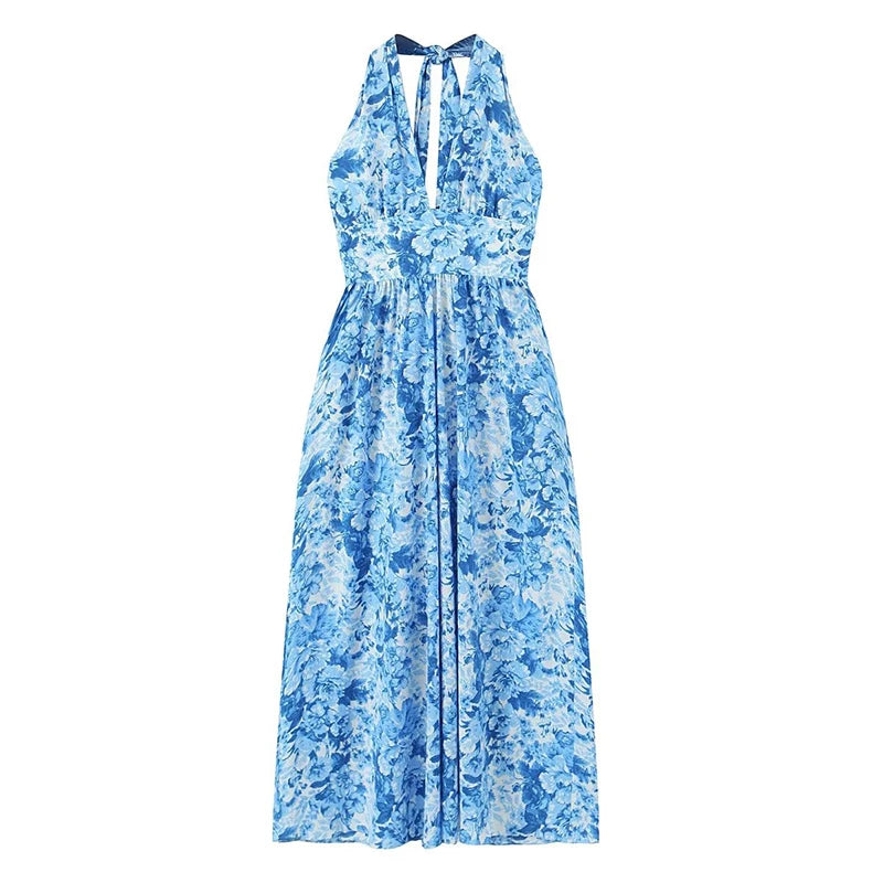 Voguable  Women Sexy Backless Halter Blue Floral  Print Midi Dresses Sleeveless Female Holiday Summer Dresses voguable