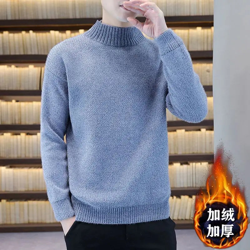 Autumn Winter New Fashion Long Sleeve Half High Collar Solid Pullovers Men's Clothing All-match Knitting Korean Simplicity Tops voguable