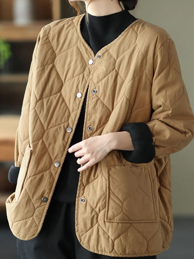 Voguable  Loose Women Short Jacket Cotton Padded Casual O Neck Mom Coats Fall Button Up Solid Thin Parkas Pockets New Korean Clothes voguable