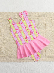 Voguable  Girls Kids One Pieces Swimsuit Beach with Swim Ruffles Swimwear Bathing Suit Print Kids Knot Bikinis Bodysuit Summer voguable