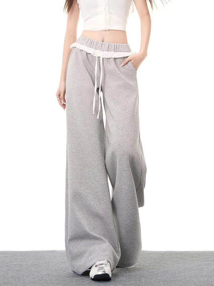 Elegant Vintage Gray Sweatpants Women High Waist Korean Sweet Wide Leg Pant Fall Retro Loose Ruffles Pockets Lady Trousers voguable