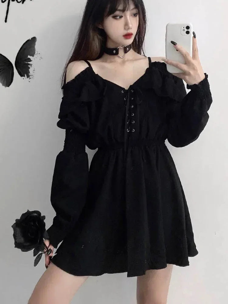 Harajuku Gothic Women Dress Y2K Summer Sexy Off Shoulder Black Bandage Mini Dress Fashion Elegant Party Night Vestidos New voguable