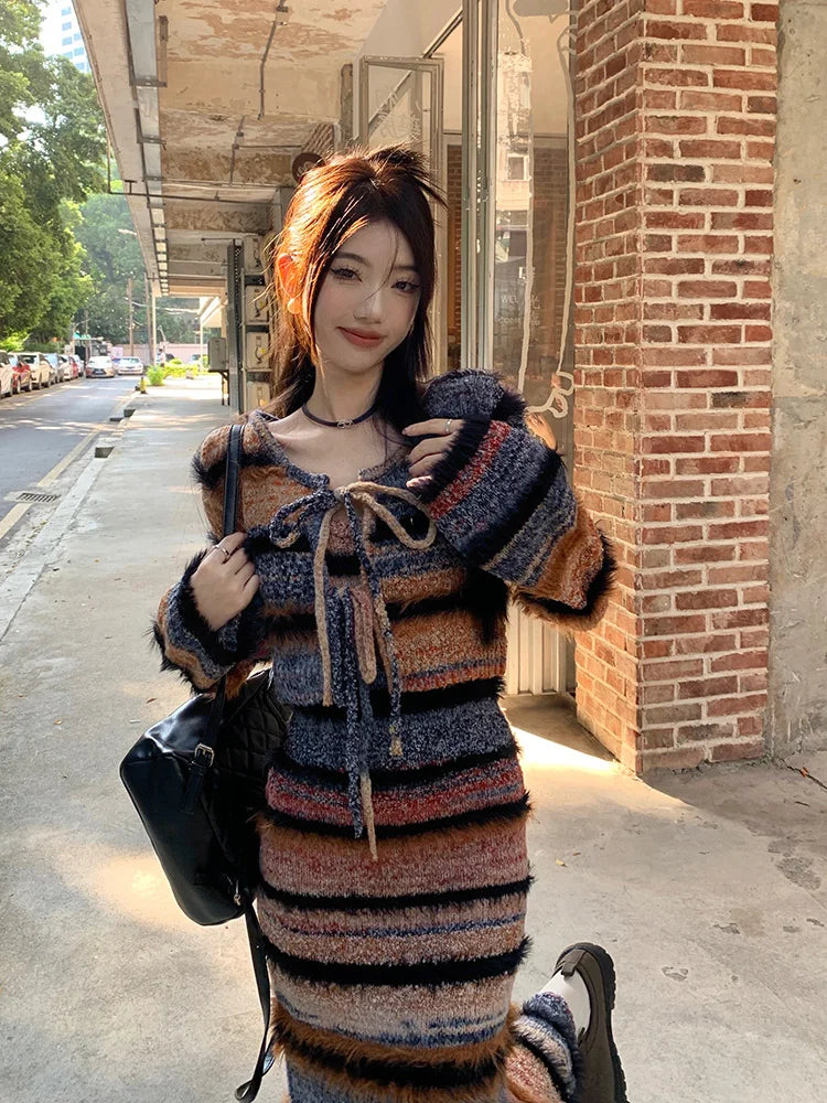 Voguable Autumn New Streetwear Lace Up Sexy Long-sleeved Cardigan Women + Contrast Color Striped Knit Sling Dress Two-piece Suit voguable