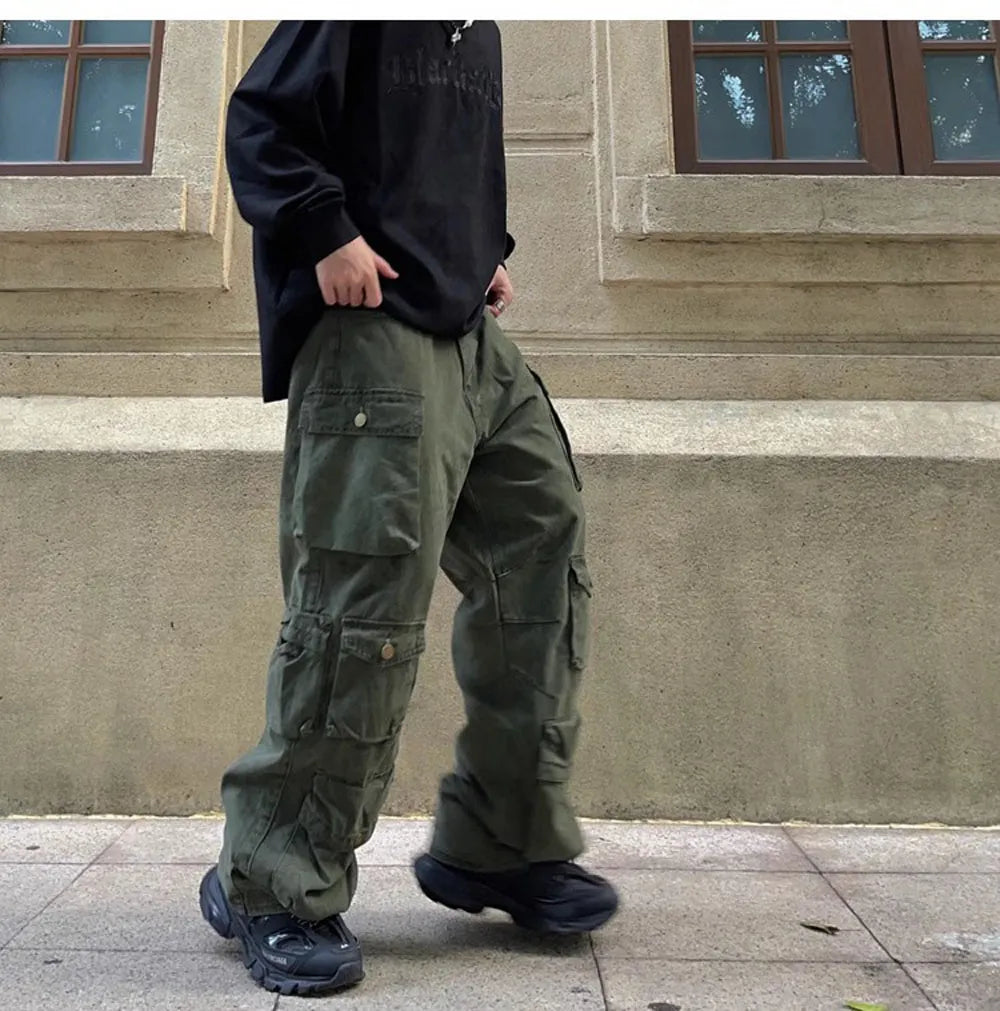 Street Popular White Multi-pocket Overalls Men's Harajuku Style Loose Casual Trousers Straight Mopping Pants Autumn New voguable