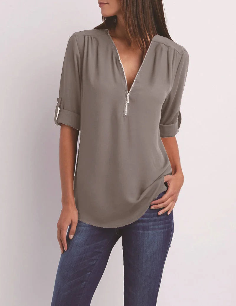 Summer Women Cool Loose Shirt Deep V Neck Chiffon Blouse Casual Ladies Tops Sexy Zipper Pullover Plus Size Long Sleeve Fashion voguable