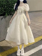 Voguable  Summer Puff Sleeve Princess Dress Women French Style Bow Tie Midi Dress Slim A-line Girl Party Fairy Dress voguable