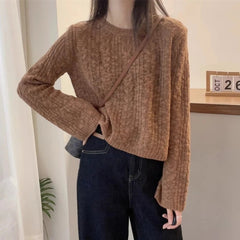 Cable Knit Crop Sweater for Women Long Sleeve Crew Neck Pullover Boxy-fit Plain Jumper Teen-girl Fall Winter Y2K Outfit voguable
