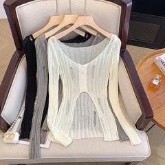 Hollow Out Knitted Cardigan Women Y2K Korean Sexy Streetwear Hole Long Sleeve Sweaters Summer Fashion Thin Irregular Female Tops voguable