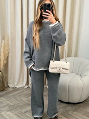Elegant Knitted Long Pant Sets For Women Oversized Sweater Pullover Wide Leg Elastic Waist Pant Two Pieces Set Lady Chic Outfits voguable