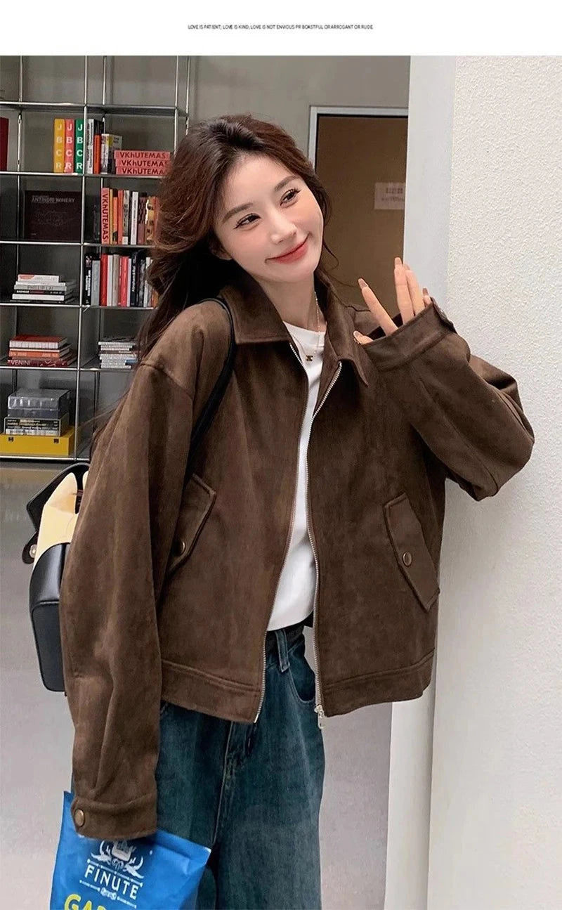American Y2K Jacket Women Vintage Loose Faux Suede Long Sleeve Casual Coat Hip Hop Fall Winter Lady Streetwear New Outwear voguable