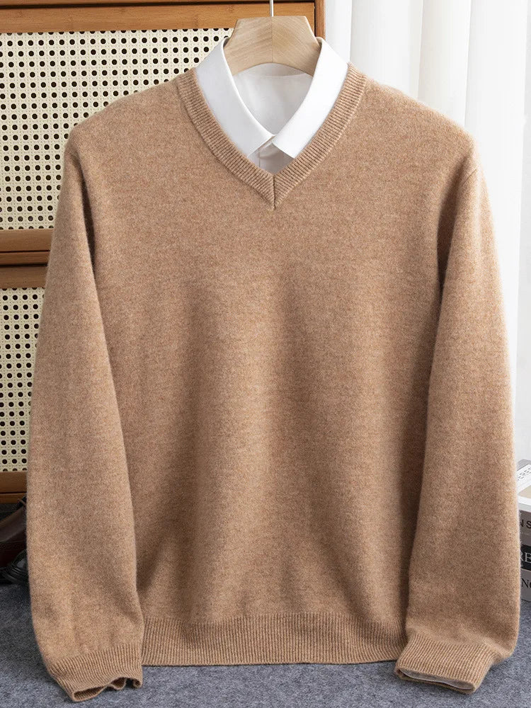 Men 100% Merino Wool Sweater V-Neck Pullover Autumn Winter Cashmere Warm Solid Knitwear Clothes Business Bottoming Soft Tops voguable
