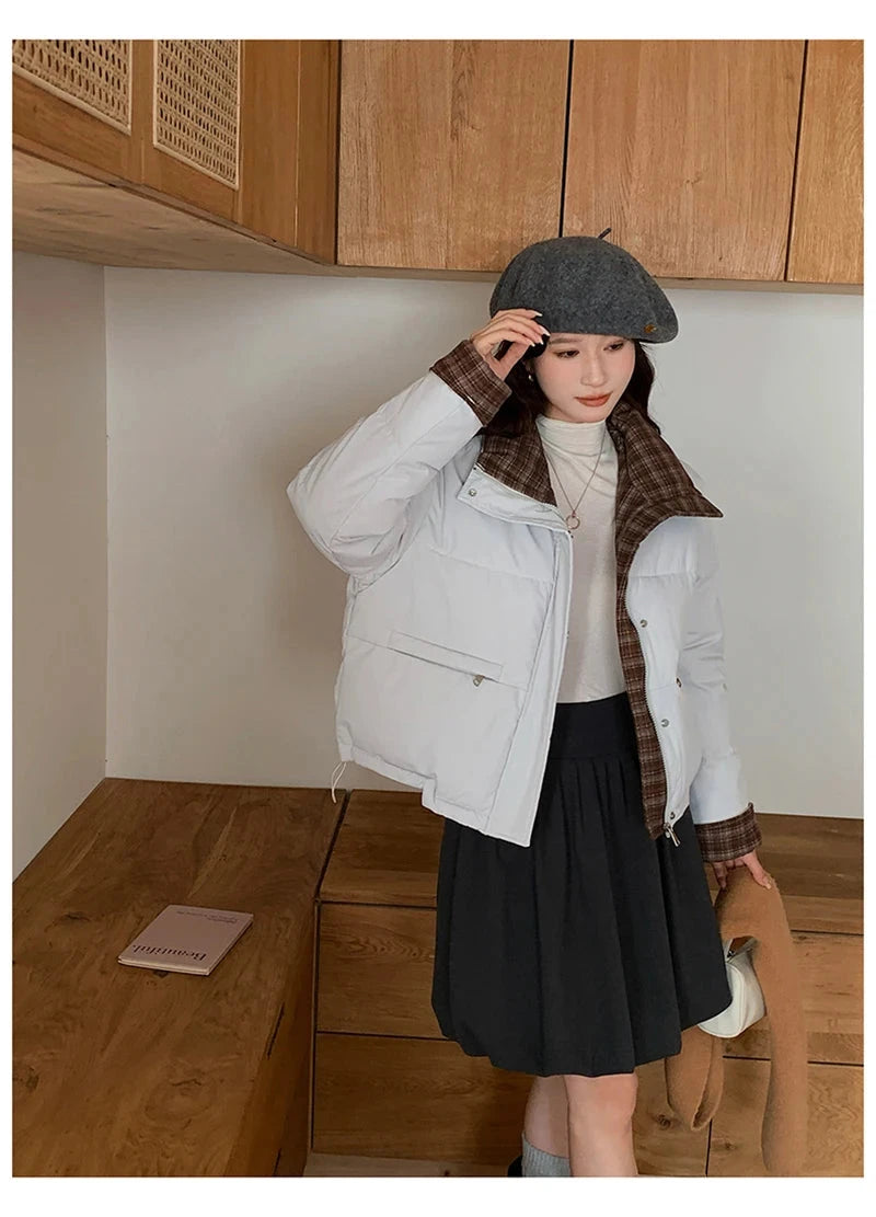 Winter Retro Puffy Parkas Women Warm Thick Plaid Patchwork Cute Coat Casual Preppy Style Korean Long Sleeve Cotton Jackets voguable