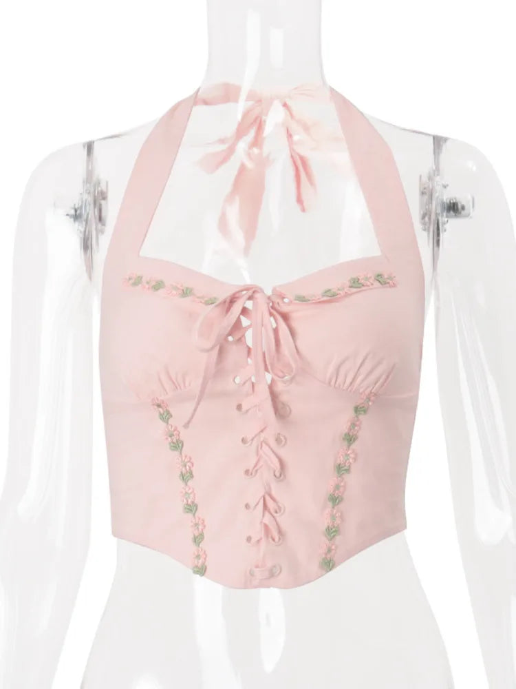 Halter Backless Lace-up Sexy Tank Tops Women Pullovers Summer Fashion Sleeveless Print Club Party Crop Top Female Tops voguable