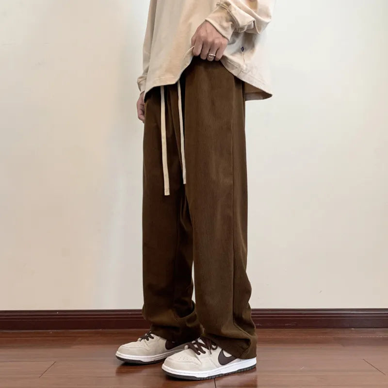 Korean Corduroy Men's Casual Pants Drawstring Man Straight Trosuers  Streetwear Harajuku Baggy Pants Bottoms